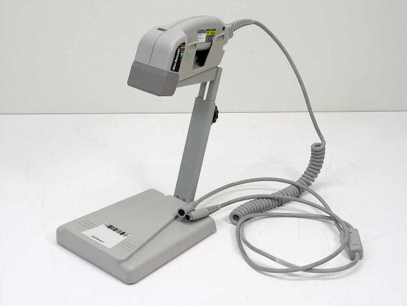 PSC Mac-Barcode GP5385-183842 laser barcode scanner mounted on AutoSense presentation stand with coiled cable – full front-right view