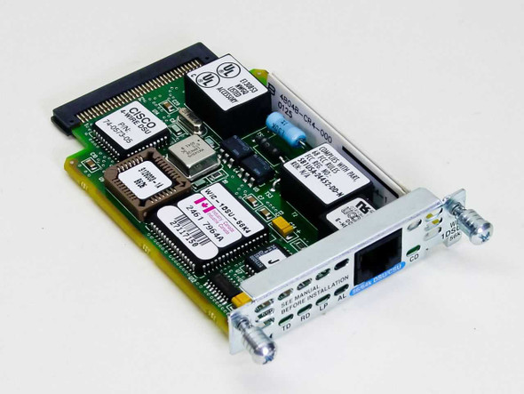 Cisco WIC-1DSU-56K4 WAN Interface Card – angled top view showing PCB components and front faceplate with RJ-48 port