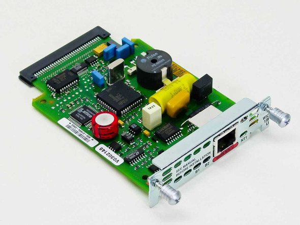 Cisco WIC-1B-U ISDN BRI U WAN Interface Card 800-01834 – angled top view showing PCB components and front bracket