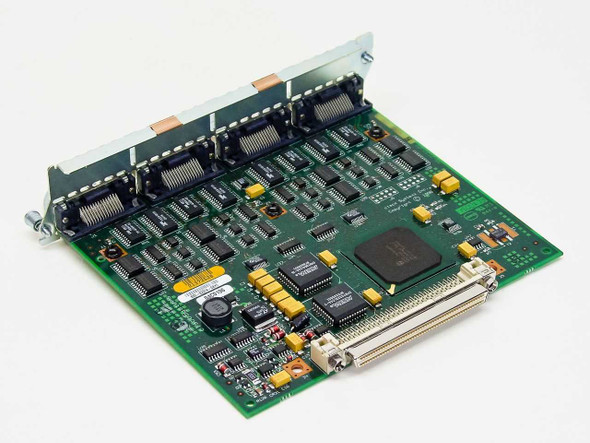 Cisco MN-4T Four-Port Serial Network Module — PCB reverse/underside view showing main ASIC, support ICs, and edge connector
