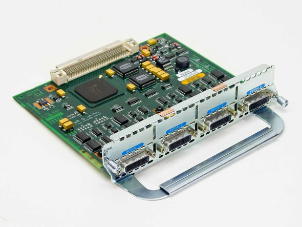 Cisco MN-4T Four-Port Serial Network Module — angled top view showing PCB, main processor chip, and four DB-60 serial port faceplate