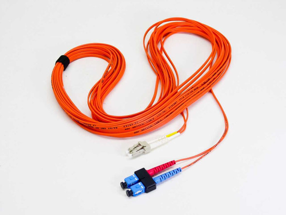 ADC E120857 LC to SC duplex multimode fiber optic patch cable coiled on white background showing full 50-foot length