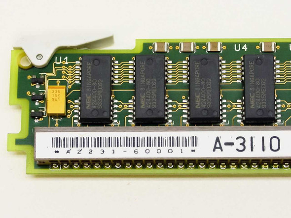 HP A2231-60001 SIMM module – close-up of bottom edge label showing part number A2231-60001 and A-3110 identifier with NEC memory ICs