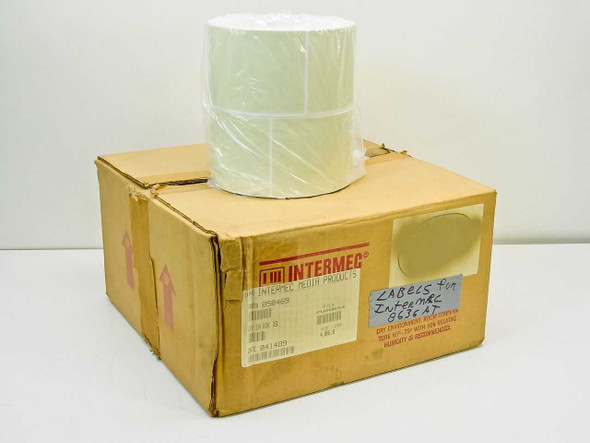 Intermec 050469 4x6 thermal label roll case — box with handwritten label reading 'Labels for Intermec 8636AT'