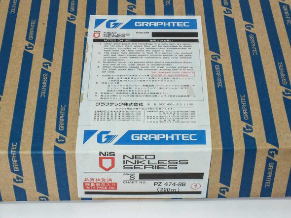 Graphtec PZ473-8B Neo Inkless Series chart paper box end showing chart number, 200m roll length, and Japanese text instructions