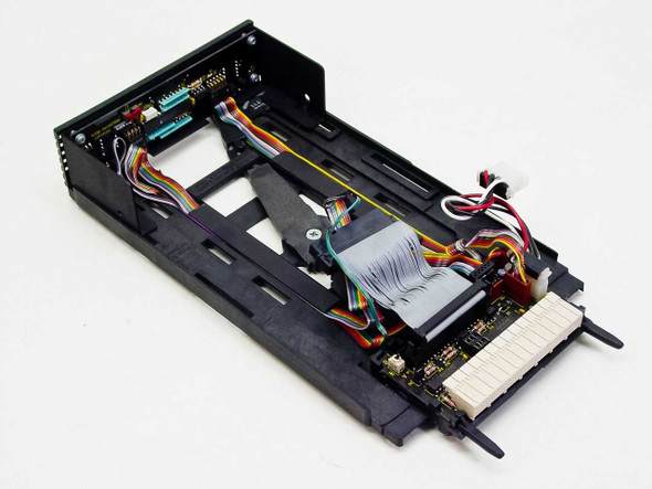 HJS&E Engineering PCA 40-0014-00 SCSI HDD Caddy Module – rear three-quarter view showing wide SCSI ribbon connector, internal PCB, and power harness