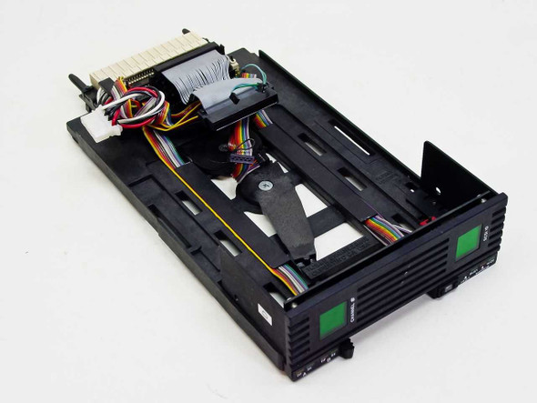 HJS&E Engineering PCA 40-0014-00 SCSI HDD Caddy Module – front three-quarter view showing front panel with dual green channel displays and internal wiring harness