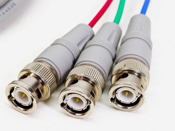 E164535 cable — close-up of three BNC male connectors with red, green, and blue jacketed leads
