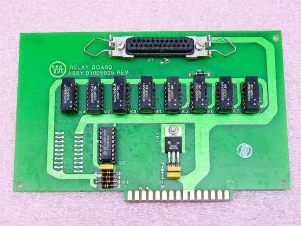 Varian Relay Board ASSY 01005925 Rev C – front view showing seven Magnecraft 172DIP-300 DIP relays, DB25 connector, and edge connector