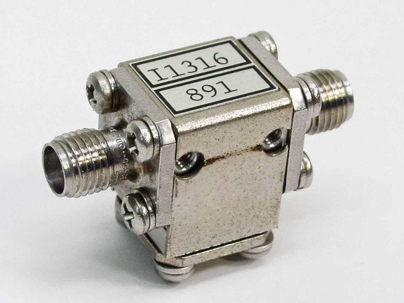 SMT I1316 891 RF coaxial isolator front view showing model number label and two SMA female ports labeled 1 and 2