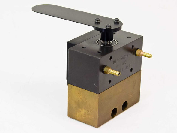 PHD Inc 0180502-3-02 actuator — side view showing barbed pneumatic fittings on the right side of the anodized aluminum body