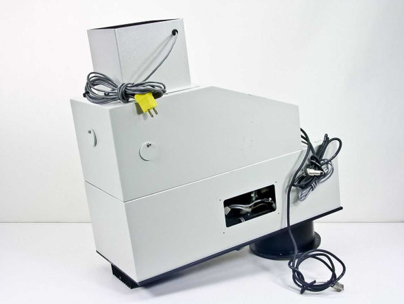 Oriel 68709 Arc Lamp Housing — rear-left view showing thermocouple connector, AC power cables, and rear output aperture