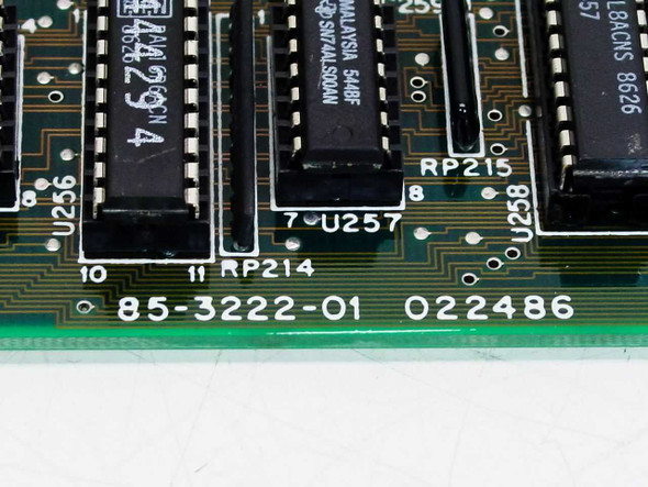 Zenith 85-3222-01 board – close-up of PCB silkscreen showing part number 85-3222-01, date code 022486, and IC markings including AMA4293NA and SN74ALS00AN Malaysia
