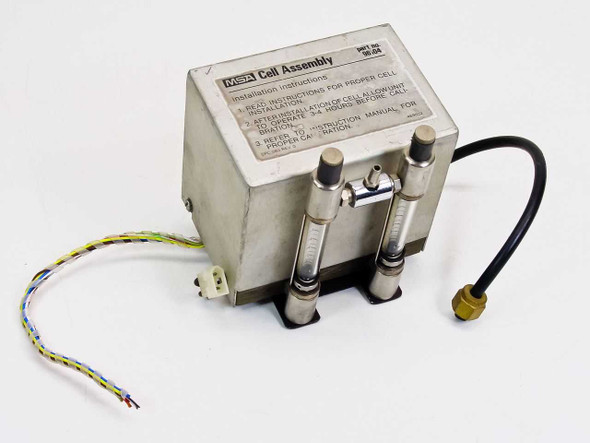 MSA 96104 Cell Assembly front-left view showing dual vertical flow tubes, multi-conductor wiring harness, and BNC-style gas port connector