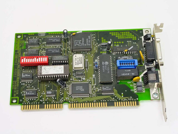 Digital DEC DE201 ISA Network Card – component side showing main controller IC, red dip switch bank, blue jumper headers, and ISA edge connector