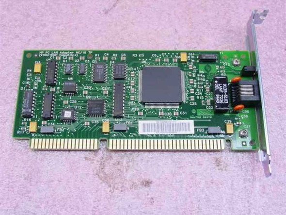 HP J2405-60001 NC/16 TP 16-bit ISA LAN adapter – full top-side PCB view showing main controller chip and ISA edge connector