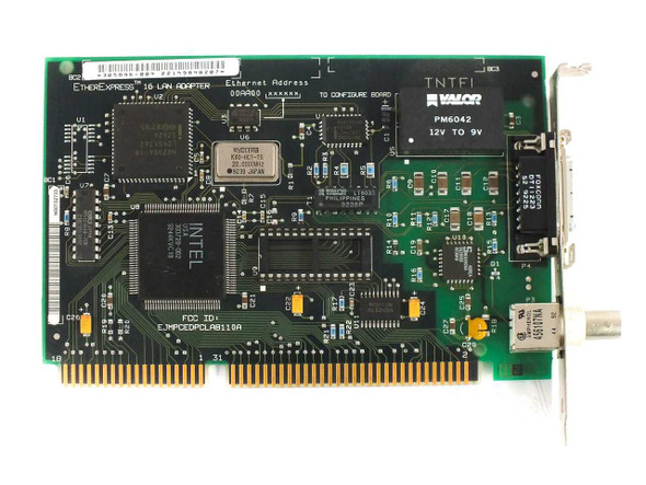 Intel EtherExpress 16 ISA LAN Adapter — top component side showing Intel 82586 controller, Kyocera oscillator, Valor PM6042 transformer, and FCC ID label