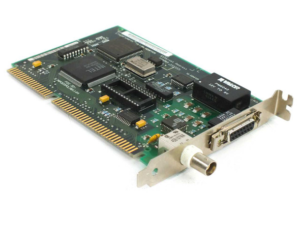 Intel EtherExpress 16 ISA LAN Adapter 305896-004 — angled front view showing BNC coax and DB15 AUI bracket connectors and Intel chipset