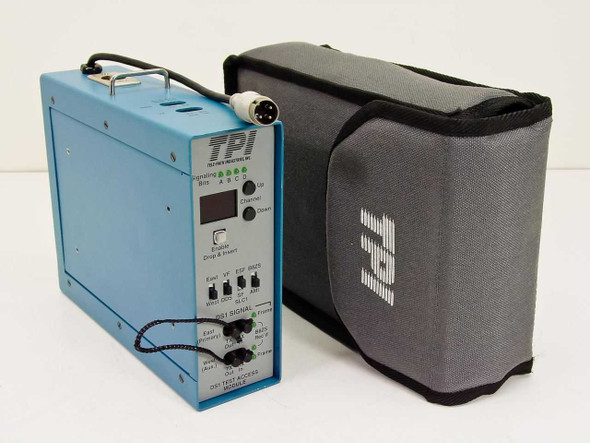 Tele-Path Industries TPI 108-DS1 DS1 Test Access Module in blue enclosure shown alongside gray TPI branded carry case — front and side view