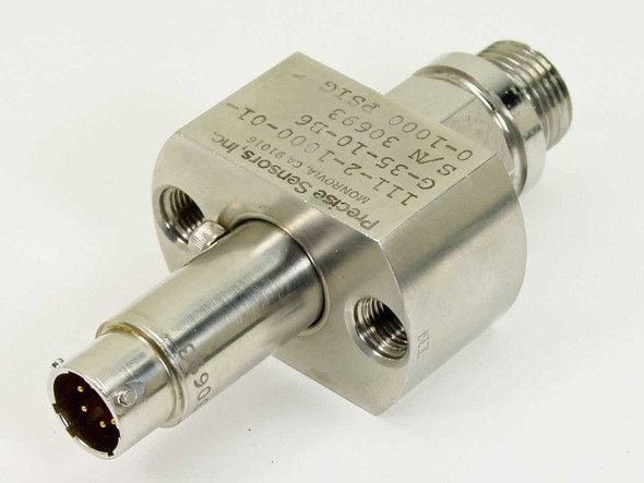 Precise Sensors 111-2-1000-01-G-35-10-B6 pressure transducer — opposite side view showing 6-pin circular electrical connector and label with serial number 30693