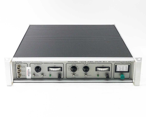 DSI Model 7376 PSK PCM Bit Synchronizer front panel showing PSK Demodulator section, PCM Bit Synchronizer section, and Power section with model label