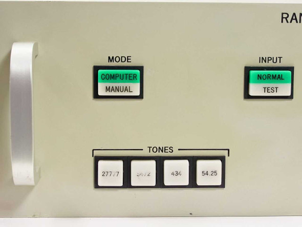 Hughes Range Tone Processor front panel close-up showing Computer/Manual mode switch, Normal/Test input switch, and tone frequency buttons 277.7, 507.2, 434, 54.25