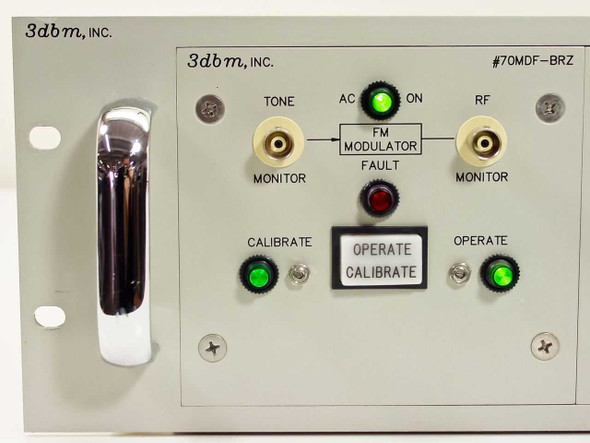 3dbm 70MDF-BRZ FM modulator plugin front panel close-up showing Tone, RF monitor BNC connectors, FM Modulator indicator, Operate/Calibrate switch, and green status LEDs