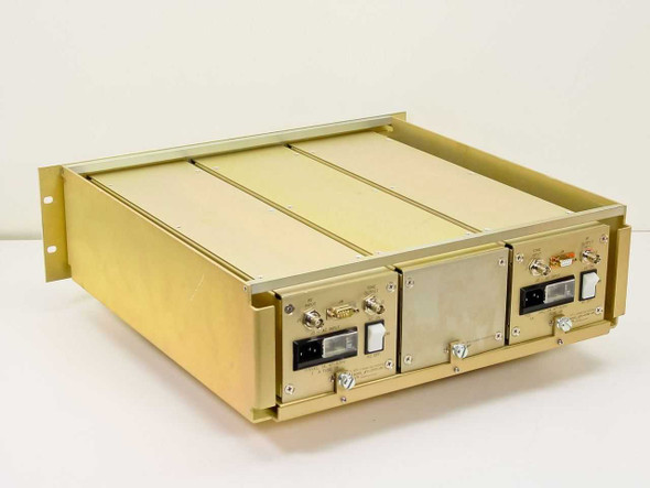 WV Communications 70-01FD-CH chassis rear view showing IEC AC inputs, BNC RF connectors, DB9 connectors, and AC ON/OFF rocker switches on both modules