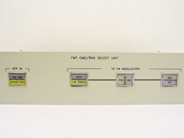 FMT CMD/RNG Select Unit front panel close-up showing RTP IN, LM TONES, RNG/CMD, and SCG/CG labeled selector buttons