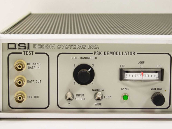 Decom Systems DSI 7376 PSK Demodulator section – close-up of front panel showing BNC test connectors, input bandwidth knob, input source switch, loop/wide switch, sync LED, and loop meter