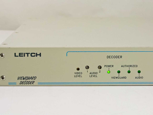 Leitch Viewguard Decoder front panel close-up showing LED indicators: Video Level, Audio Level, Power, Authorized, Viewguard, Audio