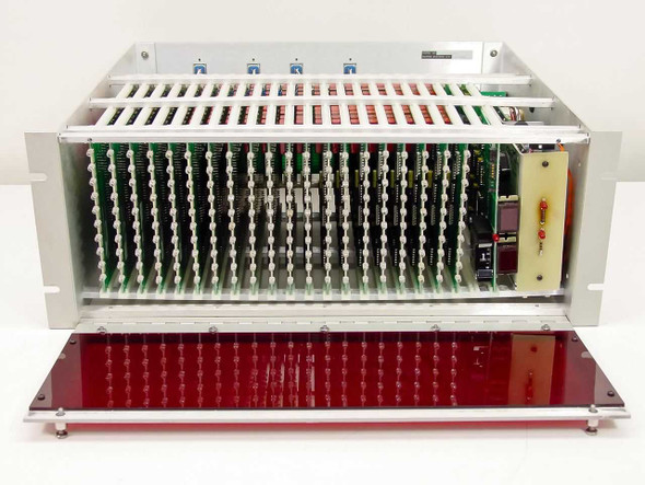 Matrix Systems 10360 rear interior view with front panel removed showing populated card cage backplane with relay and logic cards installed