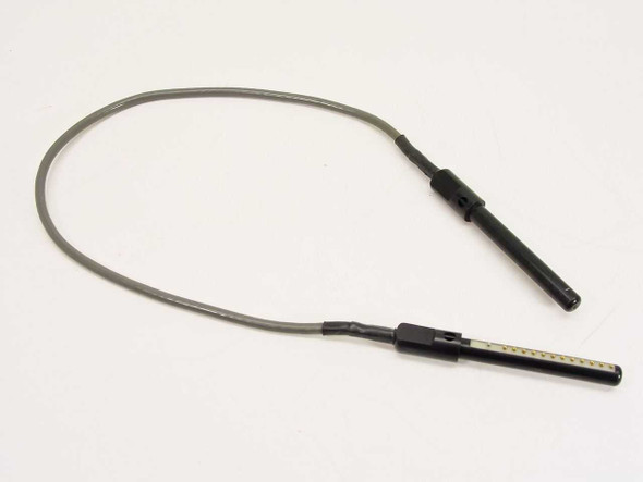 Dynatech 12-pin pogo pin spring contact cable, full view showing flexible gray cable and black connector bodies, approximately 2.5 feet in length