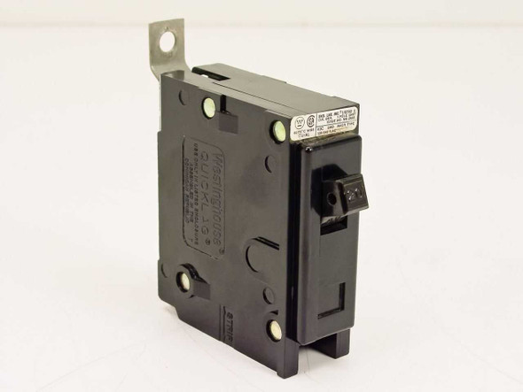 Westinghouse QBHW1020 20 Amp 1-Pole molded case circuit breaker — front angled view showing toggle switch and mounting bracket