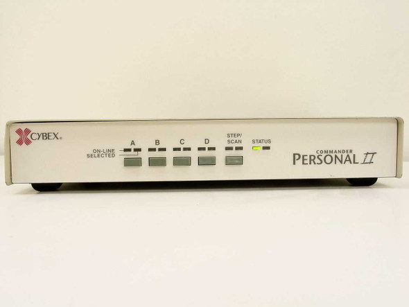 Cybex Commander Personal II KVM Switch – straight-on front panel view showing port select buttons A through D, Step/Scan button, and Status LED