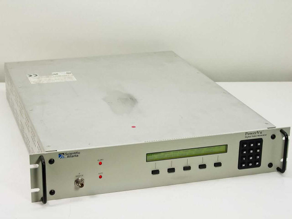 Scientific Atlanta D9380 PowerVu Digital Video Modulator – front panel 3U rackmount view showing LCD display, keypad, and Scientific Atlanta logo