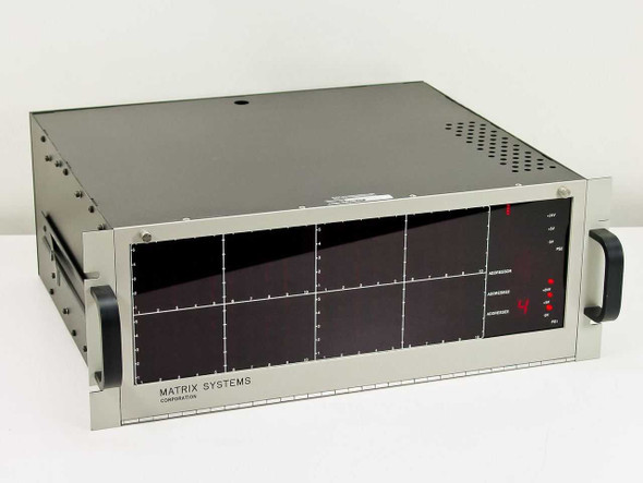 Matrix Systems Corporation 12924/13021 Programmable Wire Switching System – front 3/4 view showing rackmount chassis with relay card display panels and side handle
