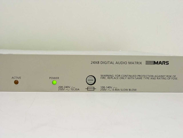 BTS BES-300 24x8 Digital Audio Matrix Switch — front panel close-up showing ACTIVE and POWER indicators, 200-240V rating label, MARS branding