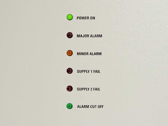 Close-up of D-9110 front panel status indicators: Power On, Major Alarm, Minor Alarm, Supply 1 Fail, Supply 2 Fail, Alarm Cut Off LEDs