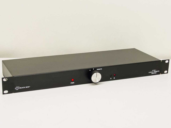 Black Box SWCX3655B 2-to-1 local remote switch – front panel angled view showing PWR LED and rotary A/B/Remote selector knob