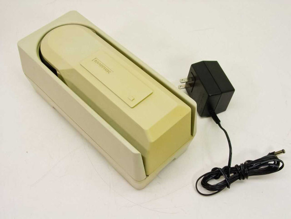 MagTek MICR Maxi 22120002 AT Wedge Check Reader front and side view with 12V AC adapter