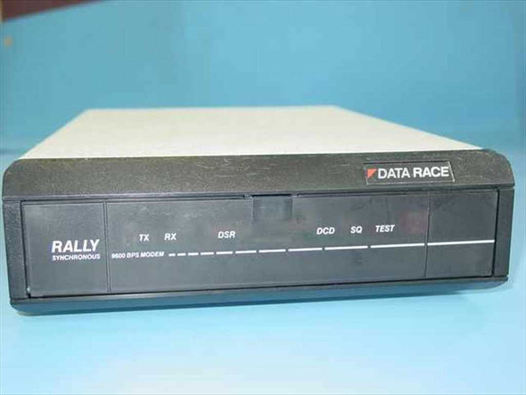 Data Race Rally 30-1002 9600 BPS Synchronous Modem – front panel view showing TX, RX, DSR, DCD, SQ, and TEST LED indicators