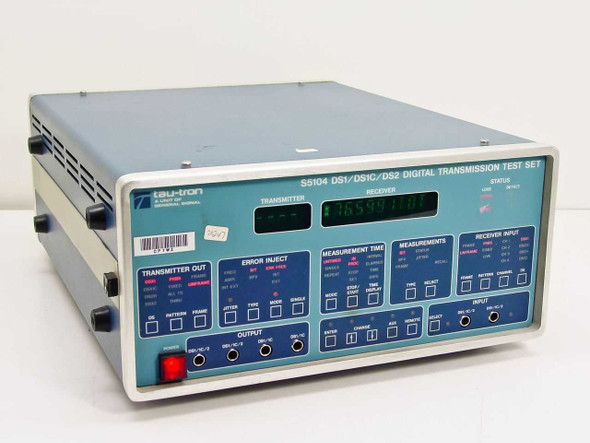 Tau-Tron S5104 DS1/DS1C/DS2 Digital Transmission Test Set front panel — full view showing Transmitter and Receiver LED displays, Error Inject, Measurement Time, and Receiver Input sections