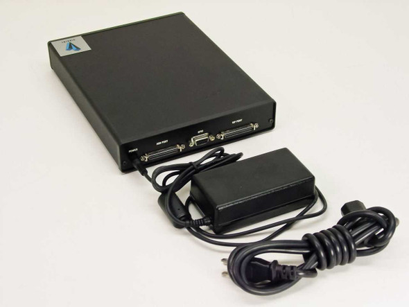 Vibrint Technologies AES/EBU audio console rear panel showing ABB port, GPIO DB9, and VIP port with power supply and AC cable