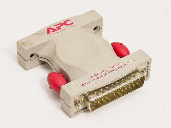 APC PSP25 ProtectNet Serial Parallel Port Surge Protector — front view showing DB25 male connector and red retention screws