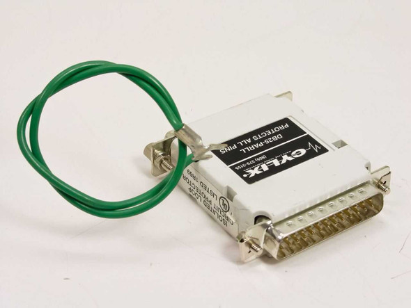 Cylix DB25-PARLL data line surge protector — reverse side showing DB25 male connector and UL listing label on housing