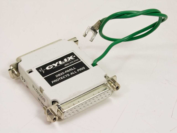 Cylix DB25-PARLL isolated loop data line surge protector — top/front view showing DB25 female connector and green ground wire with spade lug