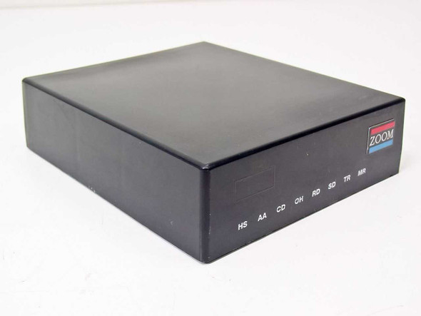 Zoom AMX E130100 external 2400 baud modem – front and top view showing Zoom logo and LED indicator labels