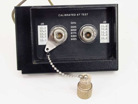 RF Tubing Calibrated Input Module 01000281-C – front panel closeup showing 'CALIBRATED AT TEST' label, two panel connectors, and printed dB and GHz calibration table (5925–6425 MHz)