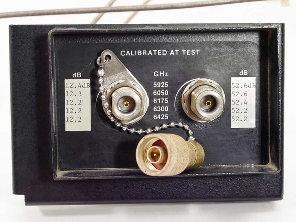 RF Input Module 2 01000281-C close-up of front panel showing CALIBRATED AT TEST label, GHz frequency markings (5925–6425) and dB attenuation columns